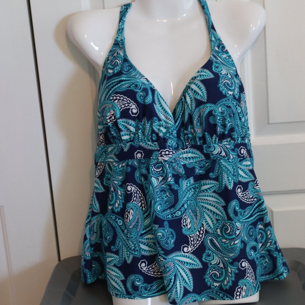 Basic Edition Tie Neck Tankini Top Blue/Teal Paisley Swim/Beach/ Pool Size 16